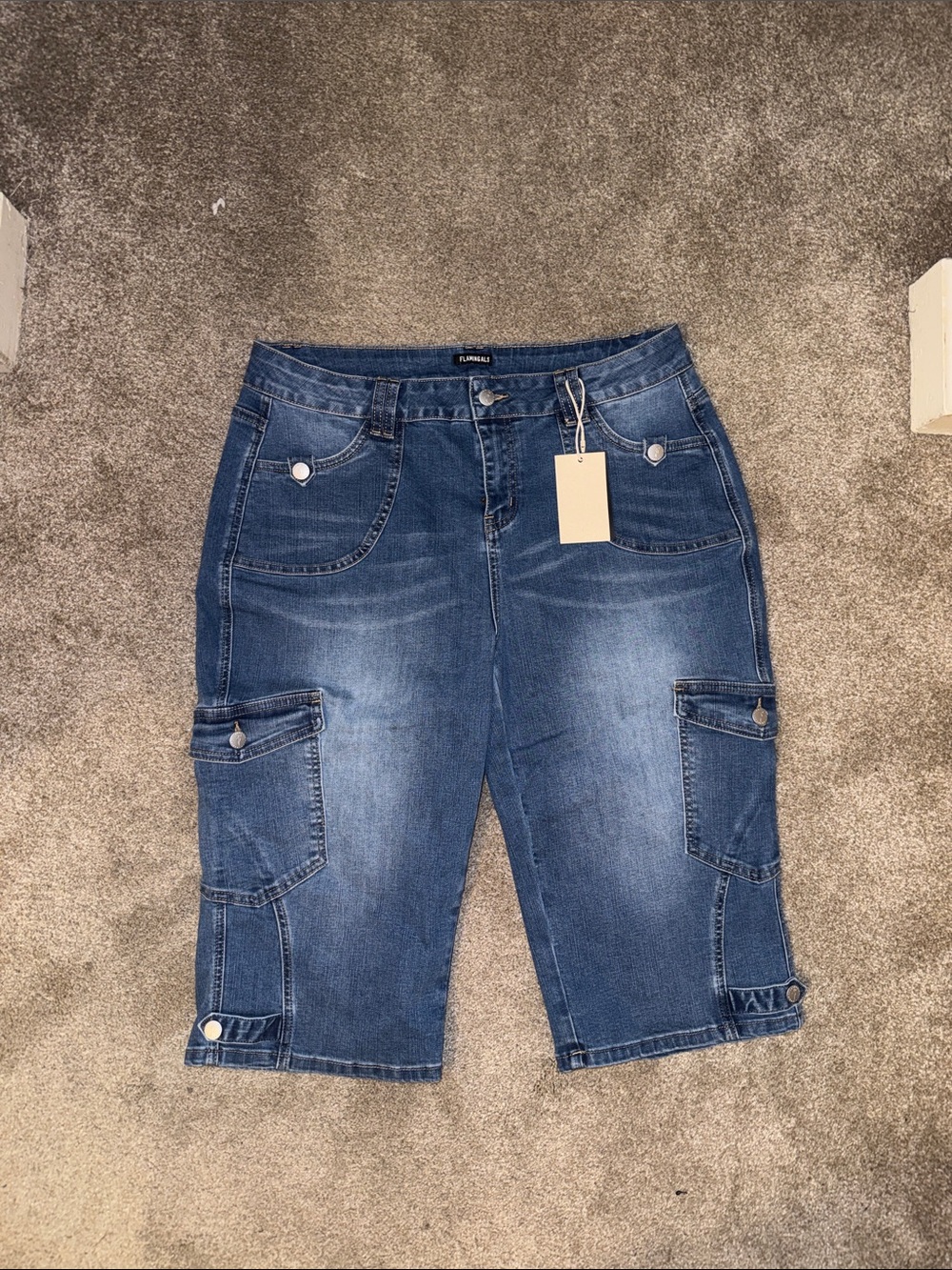 Plus Size Blue Denim Cargo Bermuda Shorts with Button Tabs